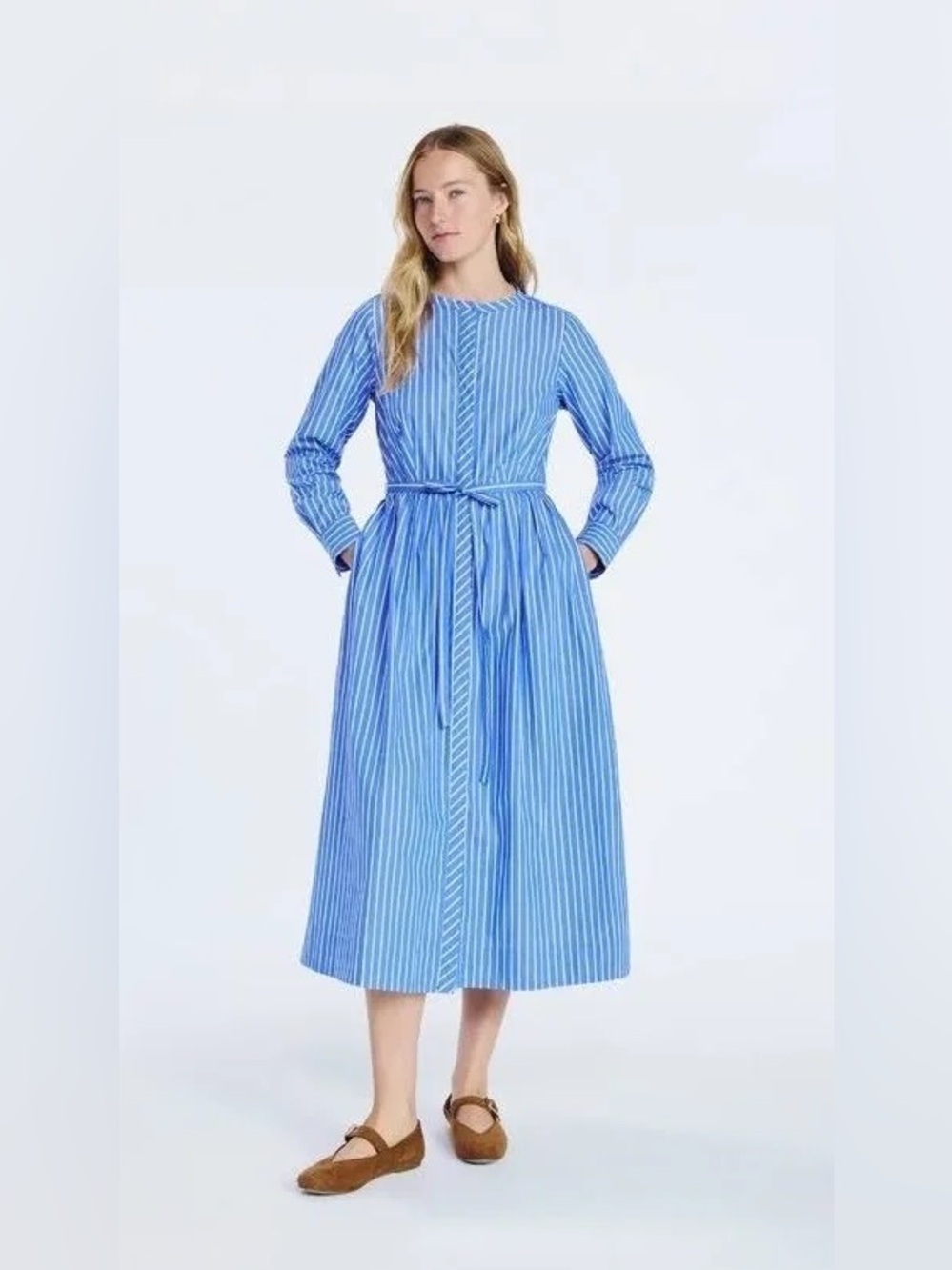 Free Assembly Pleated Belted Midi Shirtdress Long Sleeves Blue White Striped SzM